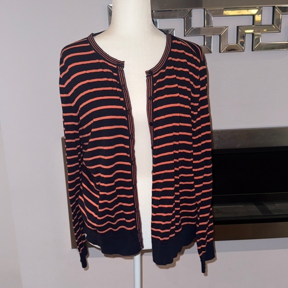 LOFT Jackets & Blazers - LOFT Navy and Orange Striped 100% Cotton lightweight cardigan, size XL